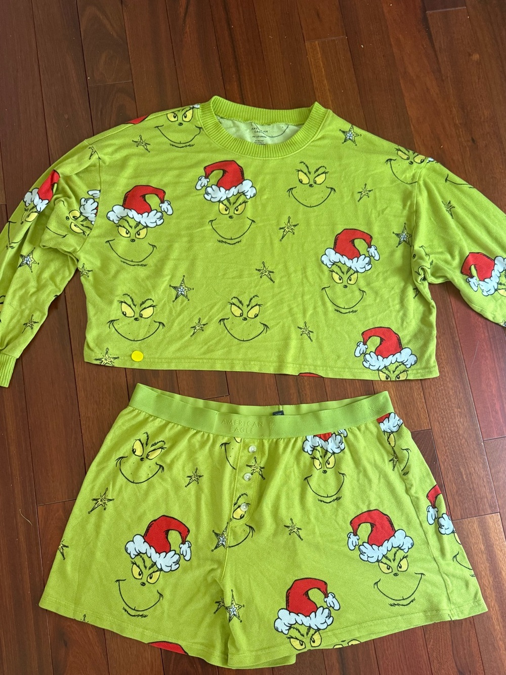 American Eagle Grinch Christmas Pajama Set Green Long Sleeve Shorts Holiday PJs
